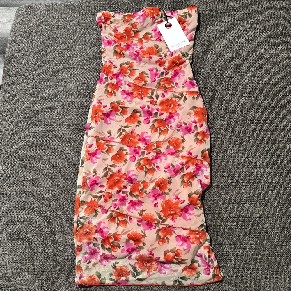 Orange/pink floral bodycon dress .
